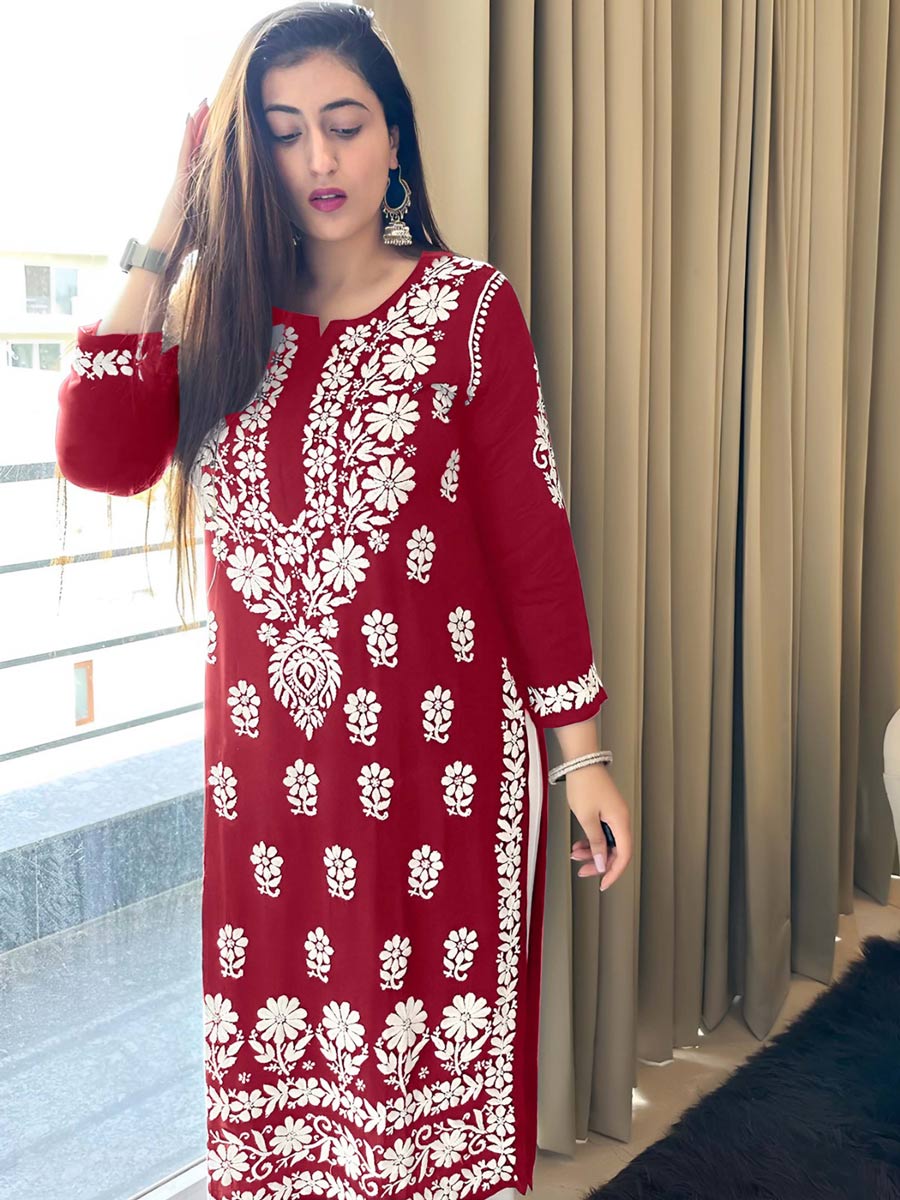 DESIGNER RAYON CHICKENKARI WITH EMBROIDERY WORK KURTI WITH BOTTOM RED