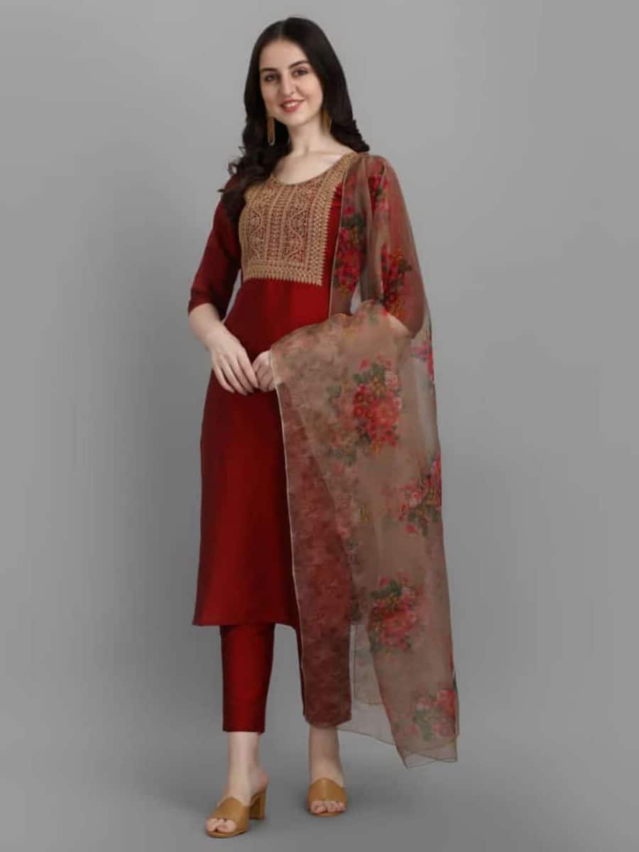 FORMAL WEAR SILK EMBROIDERY WORK TOP BOTTOM WITH DUPATTA CHIKU