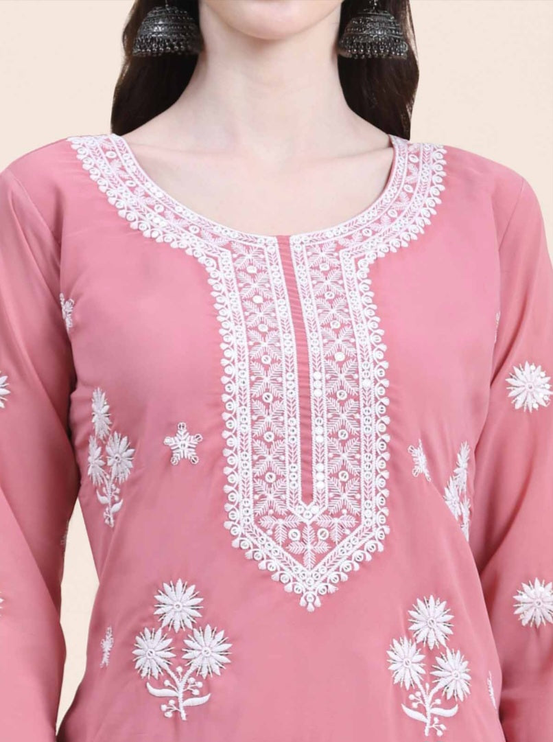 DESIGNER GEORGETTE SILK EMBROIDERY WORK ONLY KURTI PINK