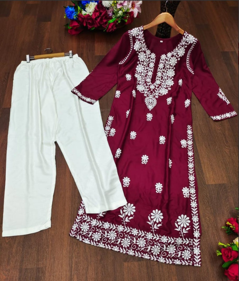 DESIGNER RAYON CHICKENKARI WITH EMBROIDERY WORK KURTI WITH BOTTOM RED