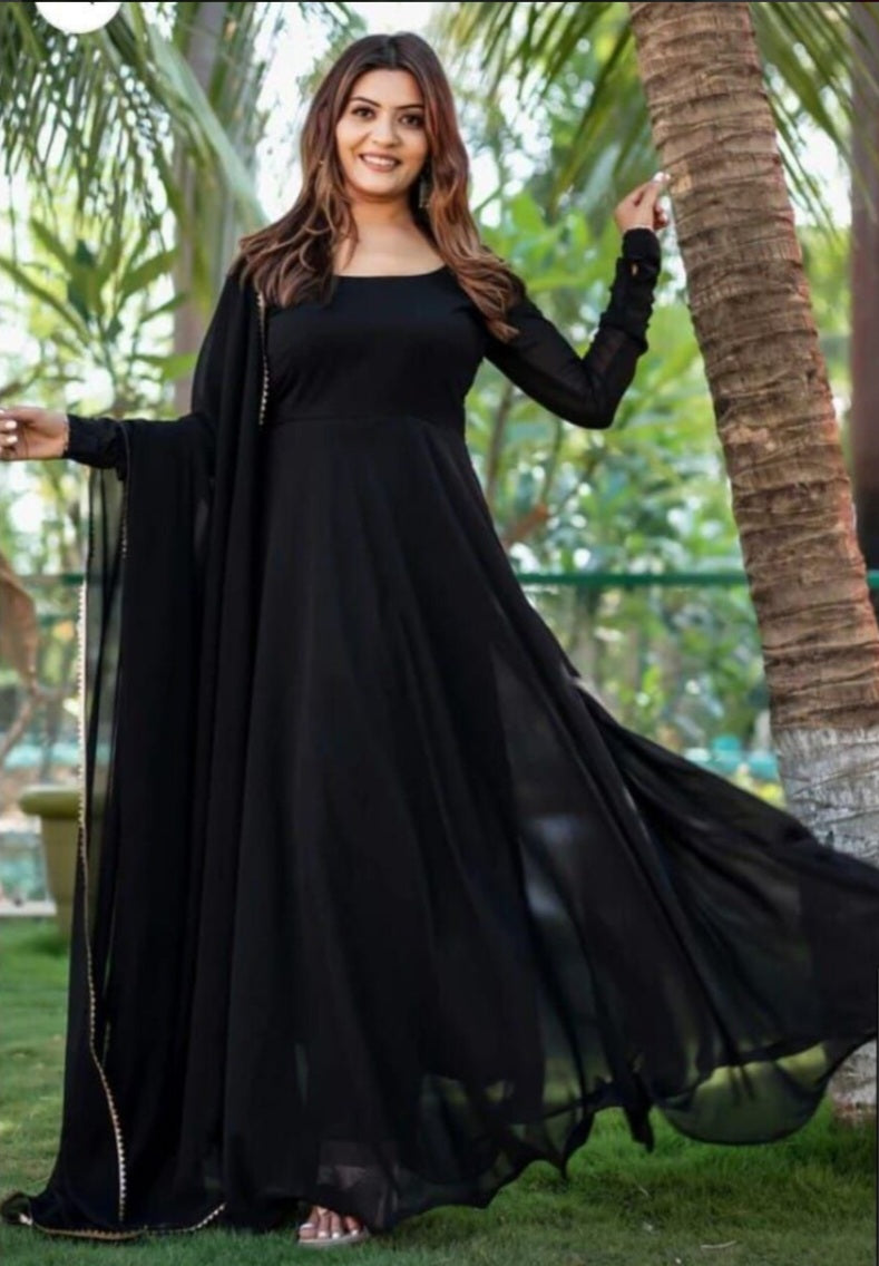 BLACK FANCY GEORGETTE FLAIRED GOWN