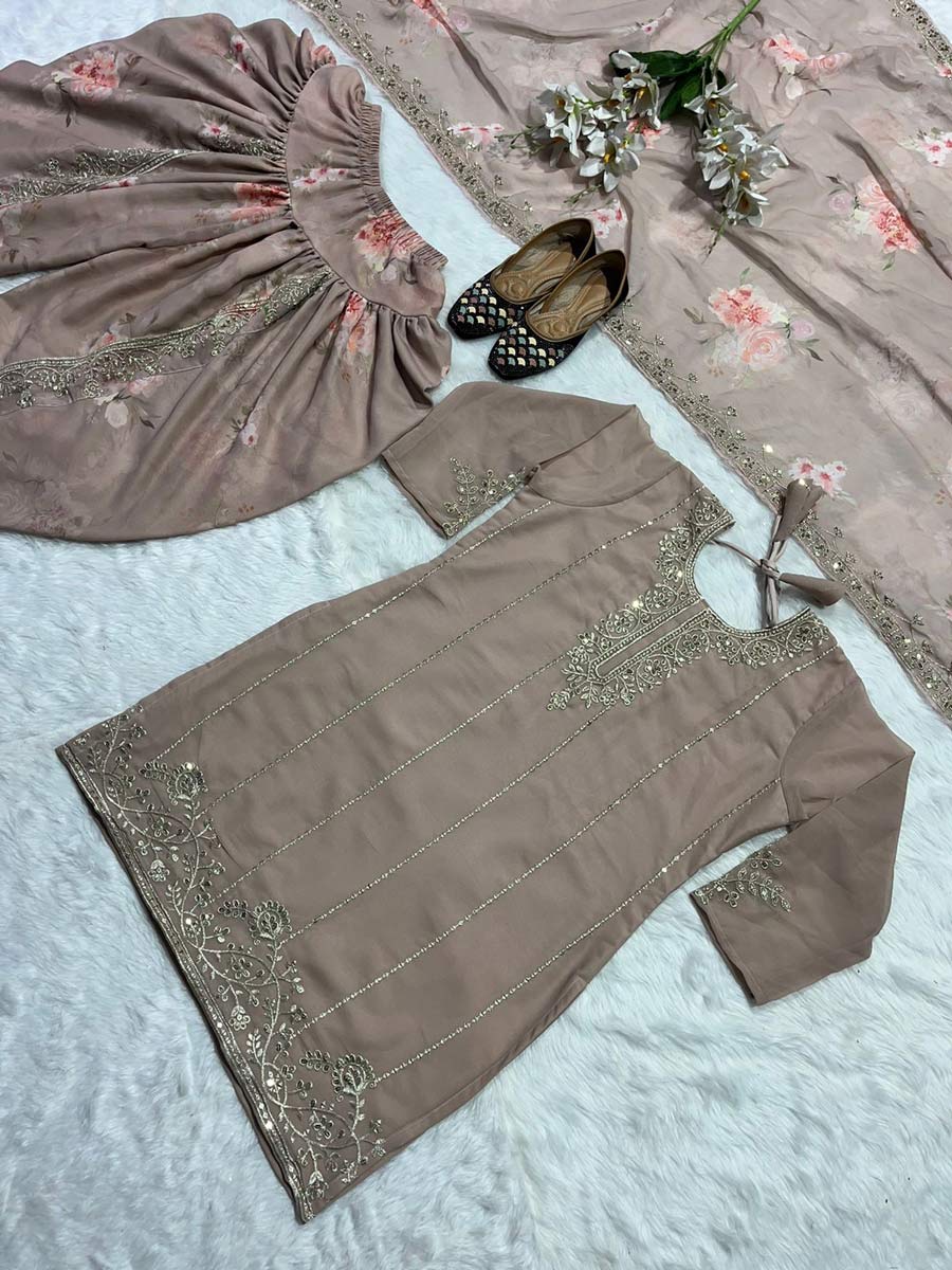 PARTY WEAR GEORGETTE EMBROIDERY SEQUENCE WORK TOP DHOTI WITH DUPATTA CHIKU