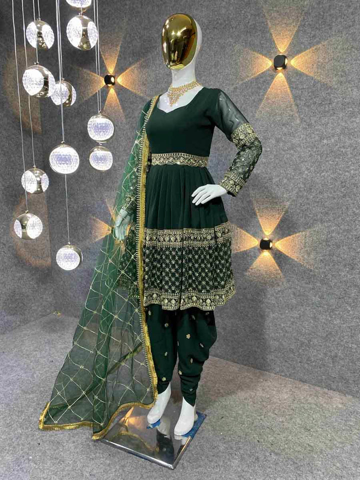 FASHIONABLE GEORGETTE EMBROIDERY SEQUENCE WORK TOP DHOTI WITH DUPATTA DARK GREEN