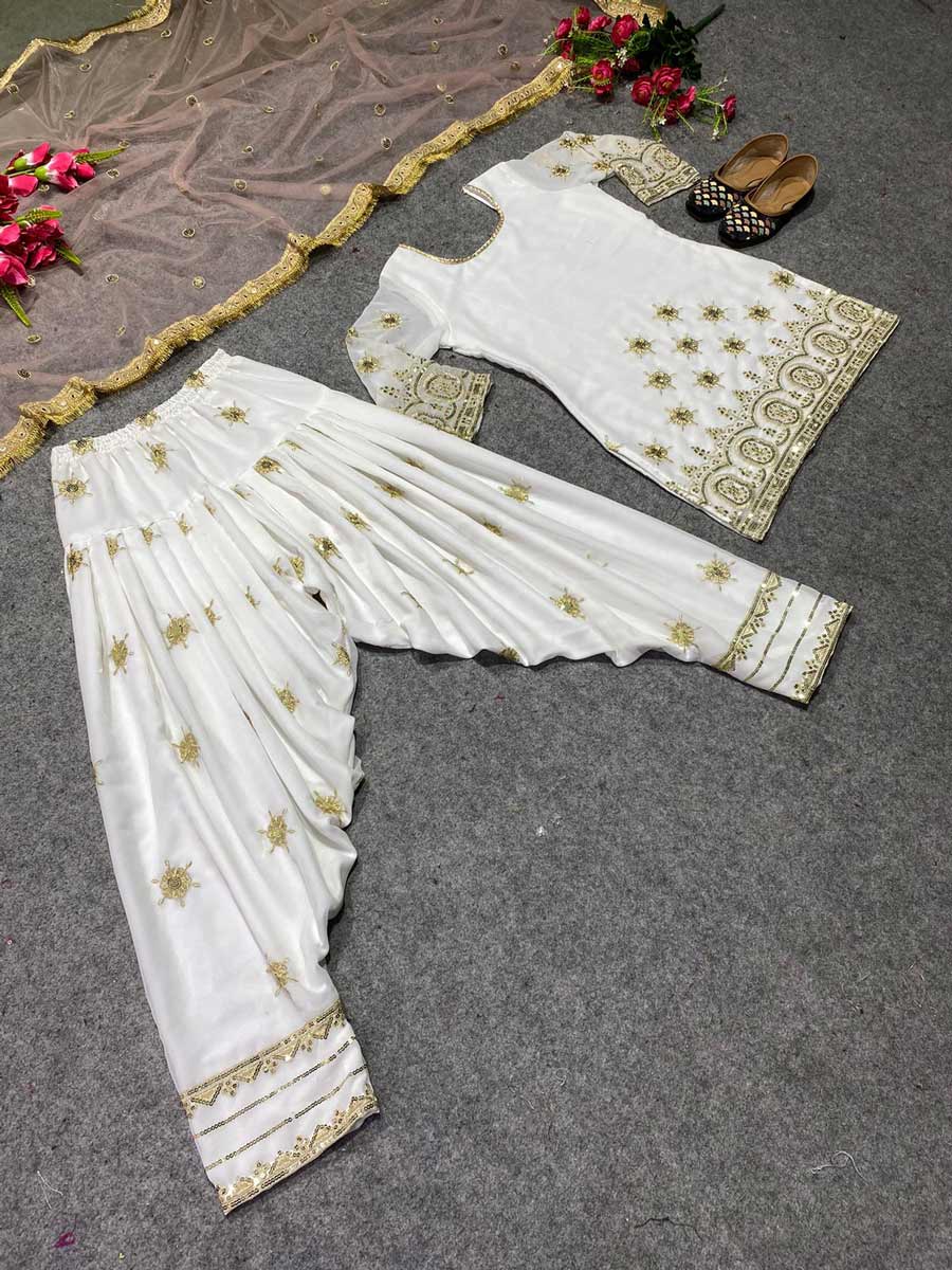 PARTY WEAR GEORGETTE SEQUENCE WITH EMBROIDERY WORK TOP DHOTI WITH DUPATTA