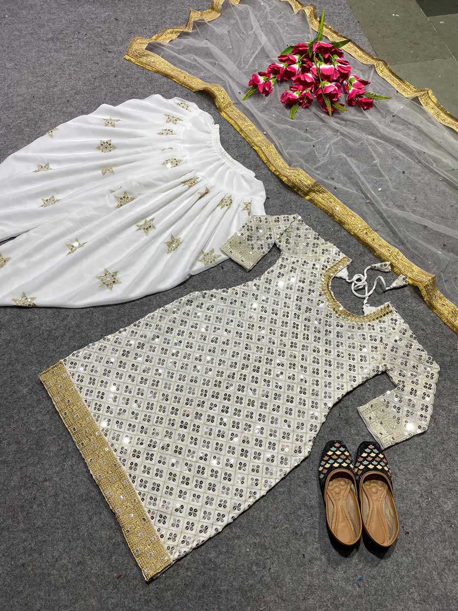 DESIGNER GEORGETTE EMBROIDERY SEQUENCE WORK TOP DHOTI WITH DUPATTA WHITE