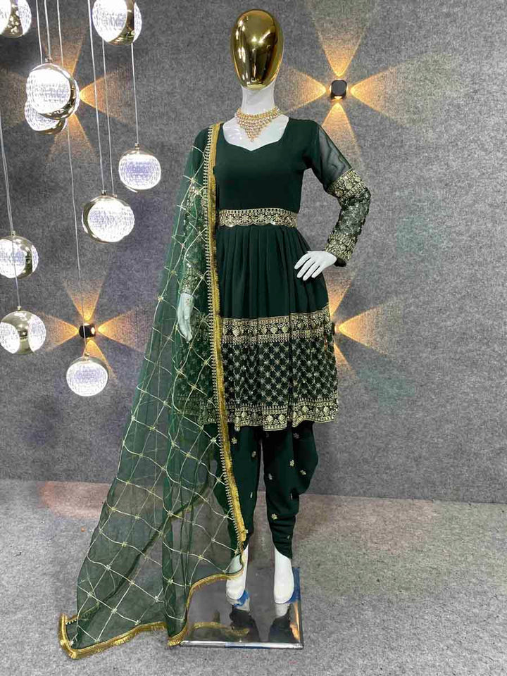 FASHIONABLE GEORGETTE EMBROIDERY SEQUENCE WORK TOP DHOTI WITH DUPATTA DARK GREEN