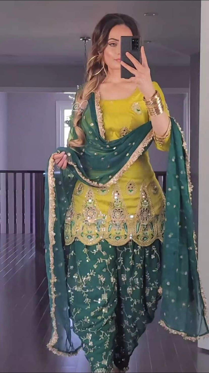 DESIGNER GEORGETTE EMBROIDERY SEQUENCE WORK TOP DHOTI WITH DUPATTA LEMON WITH DARK GREEN