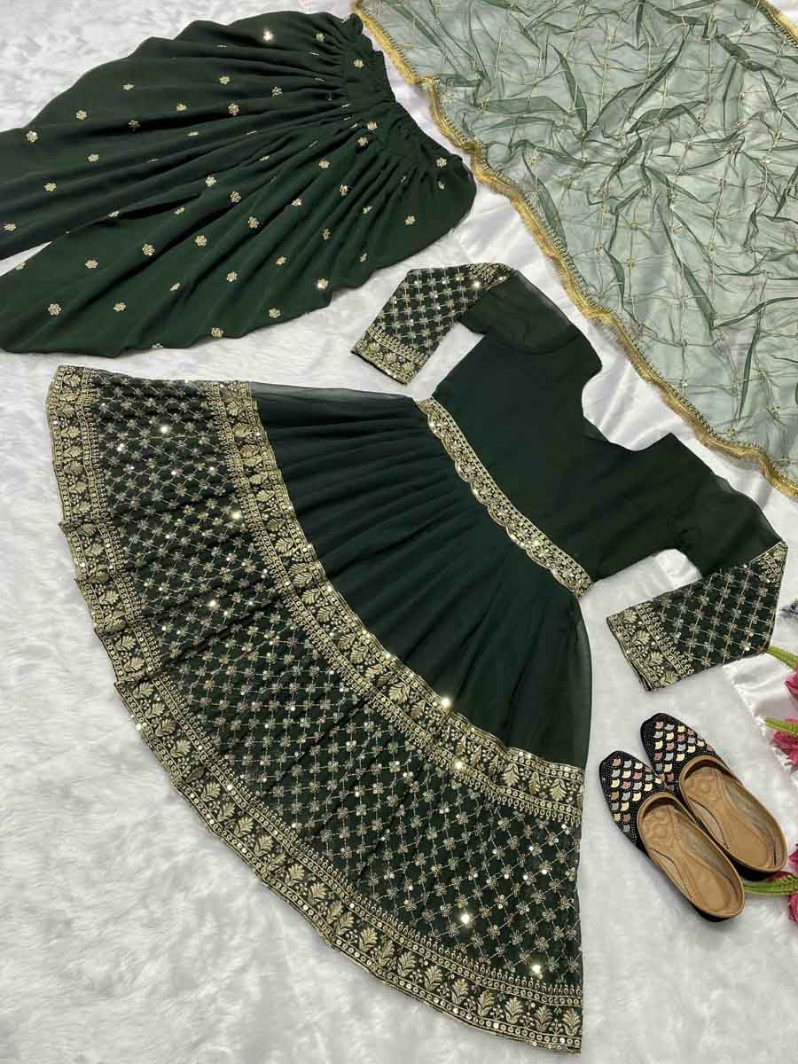 FASHIONABLE GEORGETTE EMBROIDERY SEQUENCE WORK TOP DHOTI WITH DUPATTA DARK GREEN