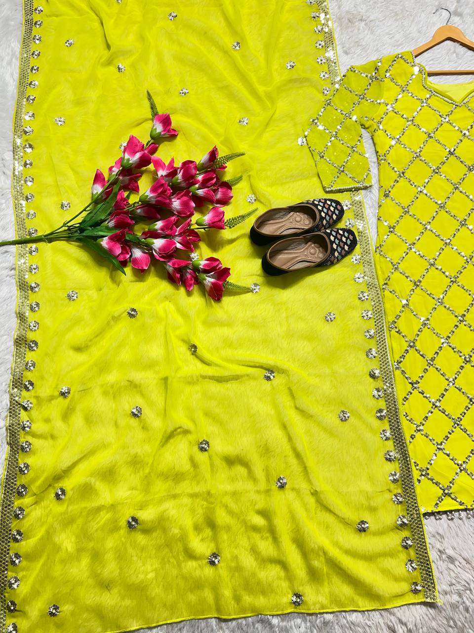 DESIGNER GEORGETTE EMBROIDERY SEQUENCE WORK TOP BOTTOM WITH DUPATTA YELLOW