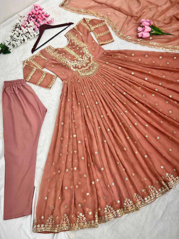 PEACH COLOUR EMBROIDERY SEQUENCE GOWN