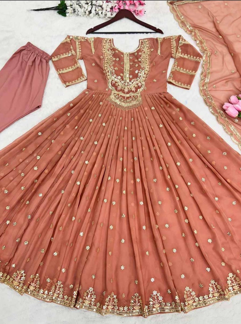 PEACH COLOUR EMBROIDERY SEQUENCE GOWN