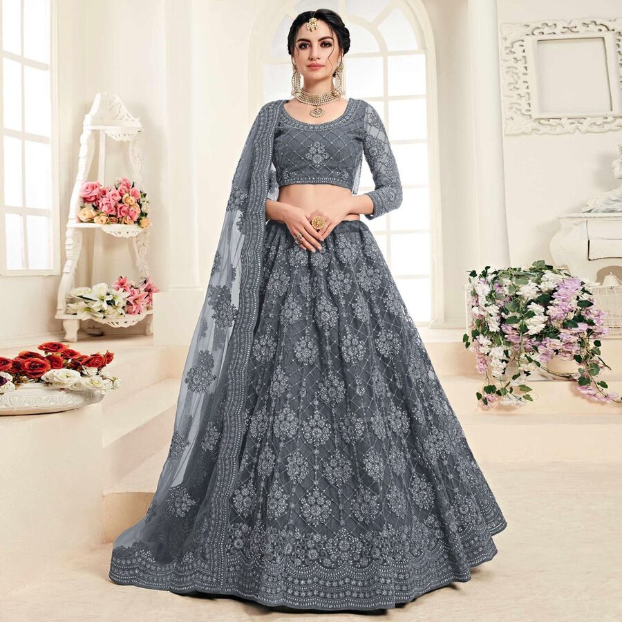 FANCY NET CHAIN UNSTITCH WORK LEHENGA CHOLI WITH DUPATTA