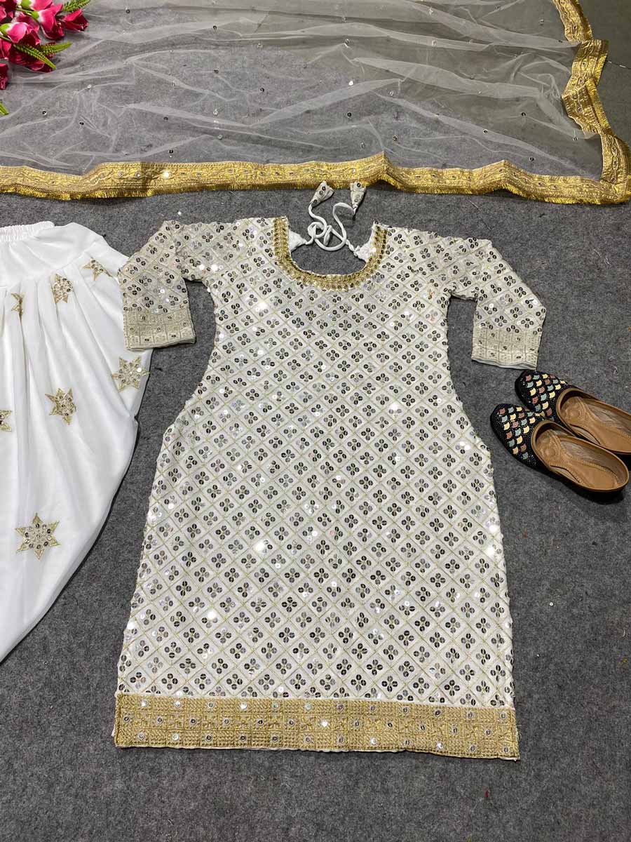 DESIGNER GEORGETTE EMBROIDERY SEQUENCE WORK TOP DHOTI WITH DUPATTA WHITE