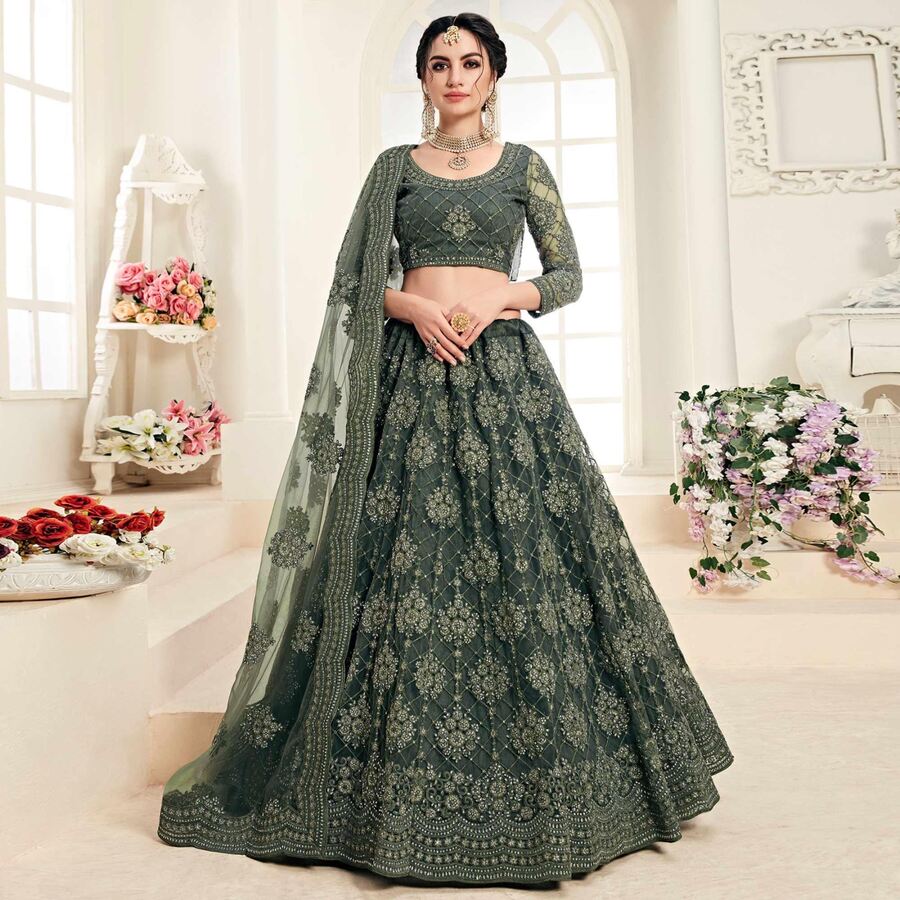 FANCY NET CHAIN UNSTITCH WORK LEHENGA CHOLI WITH DUPATTA