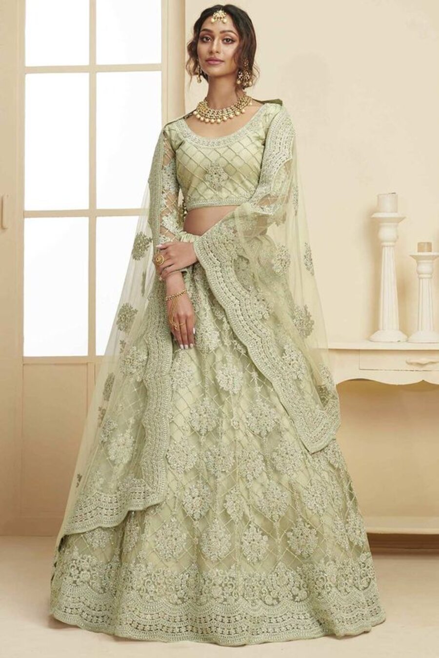 FANCY NET CHAIN UNSTITCH WORK LEHENGA CHOLI WITH DUPATTA