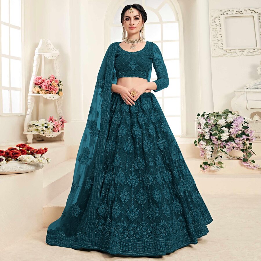 FANCY NET CHAIN UNSTITCH WORK LEHENGA CHOLI WITH DUPATTA